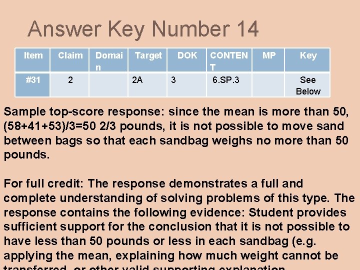 Answer Key Number 14 Item Claim #31 2 Domai n Target 2 A DOK