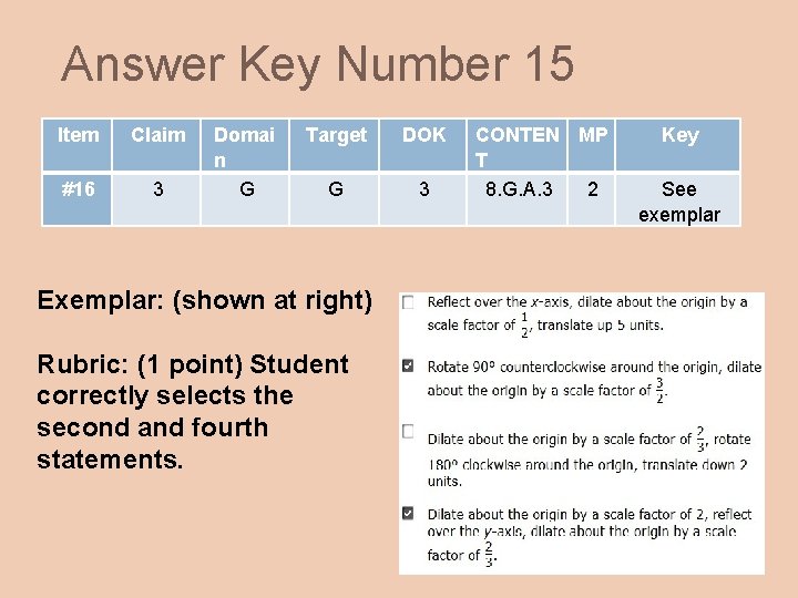 Answer Key Number 15 Item Claim #16 3 Domai n G Target DOK G