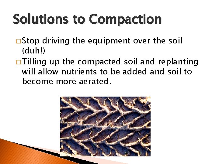 Solutions to Compaction � Stop driving the equipment over the soil (duh!) � Tilling