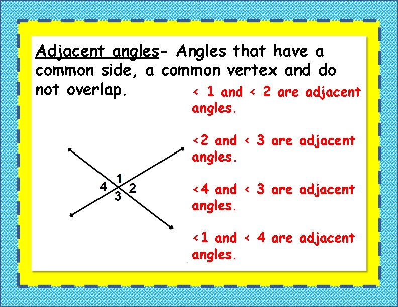 Adjacent angles- Angles that have a common side, a common vertex and do not