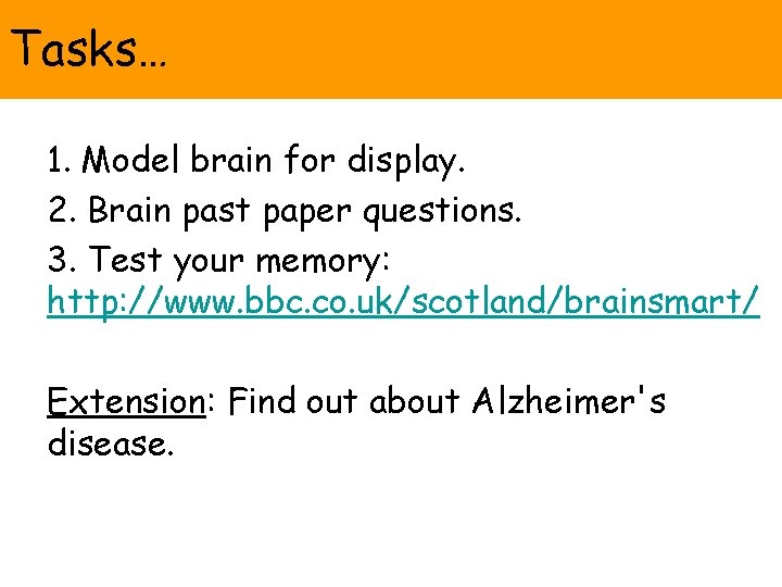 Tasks… 1. Model brain for display. 2. Brain past paper questions. 3. Test your