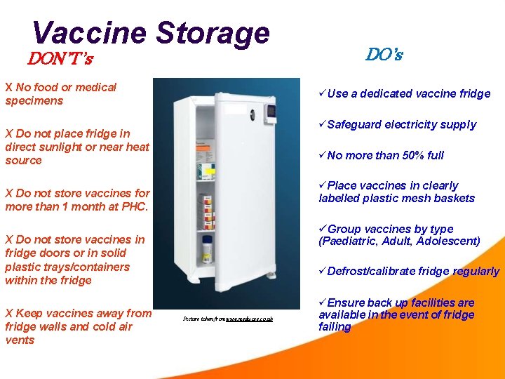Vaccine Storage DON’T’s X No food or medical specimens Use a dedicated vaccine fridge