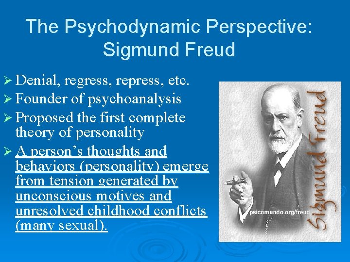 The Psychodynamic Perspective: Sigmund Freud Ø Denial, regress, repress, etc. Ø Founder of psychoanalysis The Psychodynamic Perspective: Sigmund Freud Ø Denial, regress, repress, etc. Ø Founder of psychoanalysis
