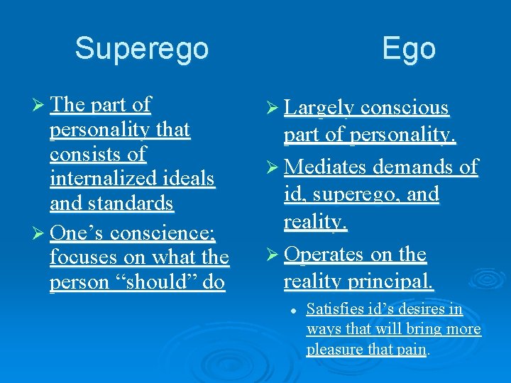 Superego Ø The part of personality that consists of internalized ideals and standards Ø Superego Ø The part of personality that consists of internalized ideals and standards Ø