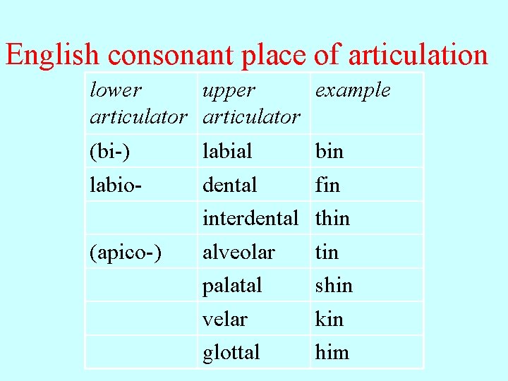 English consonant place of articulation lower upper example articulator (bi-) labio(apico-) labial dental interdental