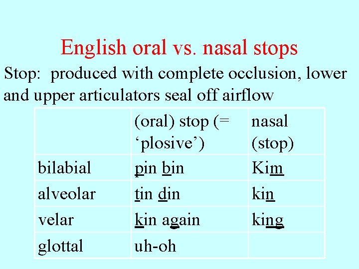 English oral vs. nasal stops Stop: produced with complete occlusion, lower and upper articulators