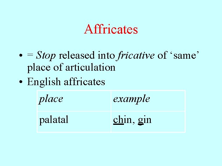 Affricates • = Stop released into fricative of ‘same’ place of articulation • English