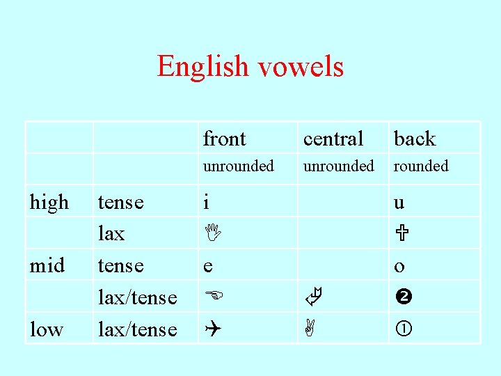 English vowels high mid low tense lax/tense front central back unrounded u o i