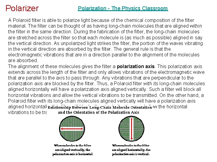 Polarizer Polarization - The Physics Classroom A Polaroid filter is able to polarize light Polarizer Polarization - The Physics Classroom A Polaroid filter is able to polarize light