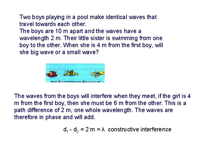 Two boys playing in a pool make identical waves that travel towards each other. Two boys playing in a pool make identical waves that travel towards each other.
