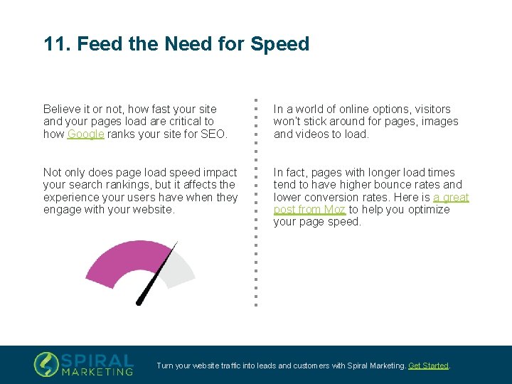 11. Feed the Need for Speed Believe it or not, how fast your site