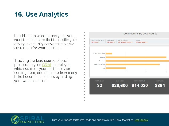 16. Use Analytics In addition to website analytics, you want to make sure that