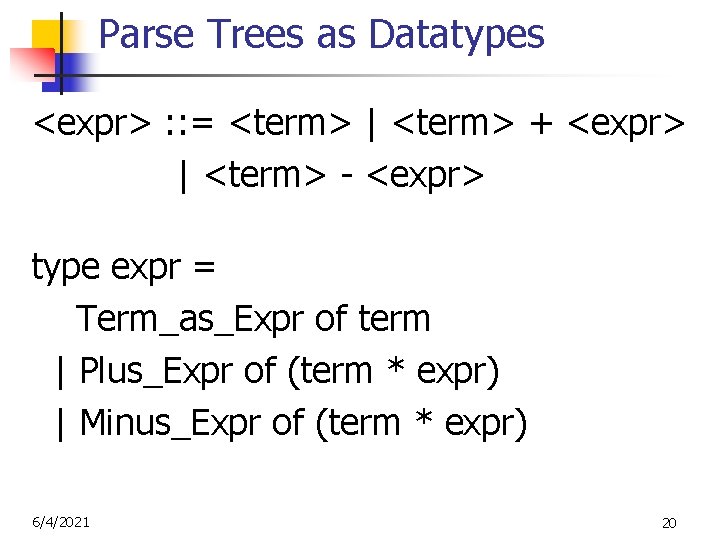 Parse Trees as Datatypes <expr> : : = <term> | <term> + <expr> |