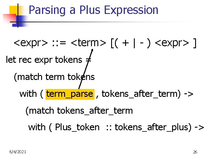 Parsing a Plus Expression <expr> : : = <term> [( + | - )