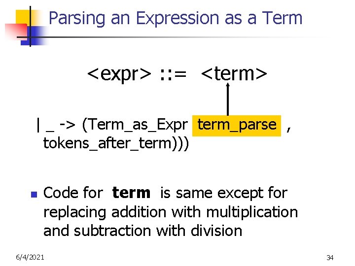 Parsing an Expression as a Term <expr> : : = <term> | _ ->