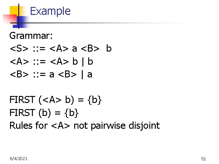 Example Grammar: <S> : : = <A> a <B> b <A> : : =