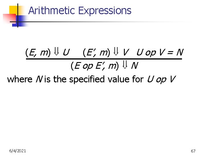 Arithmetic Expressions (E, m) U (E’, m) V U op V = N (E