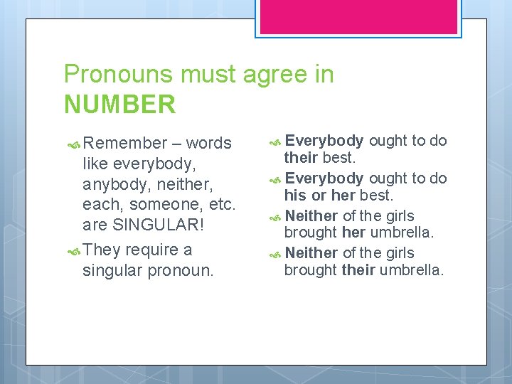 Pronouns must agree in NUMBER Remember – words like everybody, anybody, neither, each, someone,