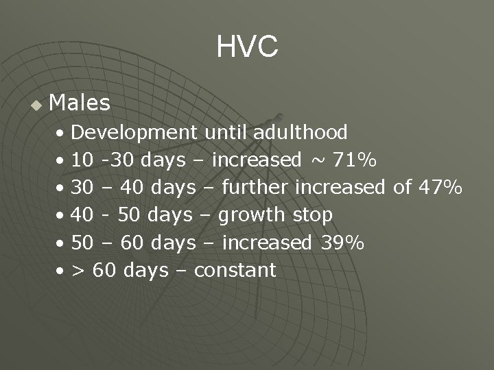 HVC u Males • Development until adulthood • 10 -30 days – increased ~
