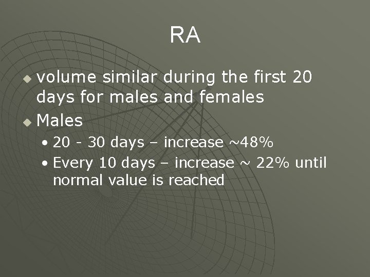 RA volume similar during the first 20 days for males and females u Males