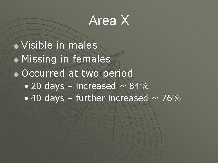Area X Visible in males u Missing in females u Occurred at two period