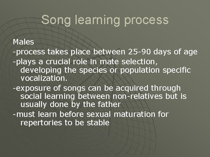 Song learning process Males -process takes place between 25 -90 days of age -plays