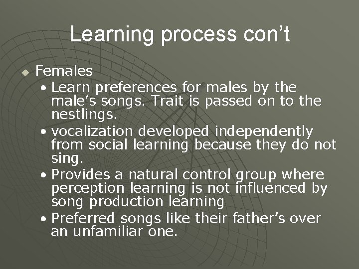 Learning process con’t u Females • Learn preferences for males by the male’s songs.