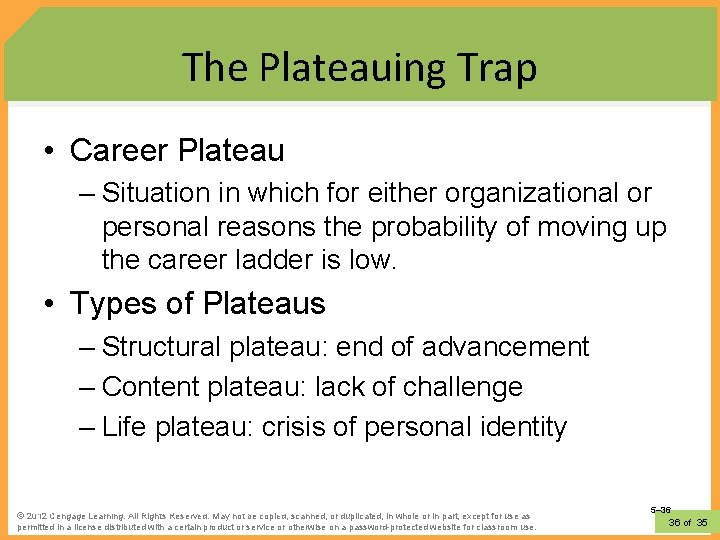 The Plateauing Trap • Career Plateau – Situation in which for either organizational or