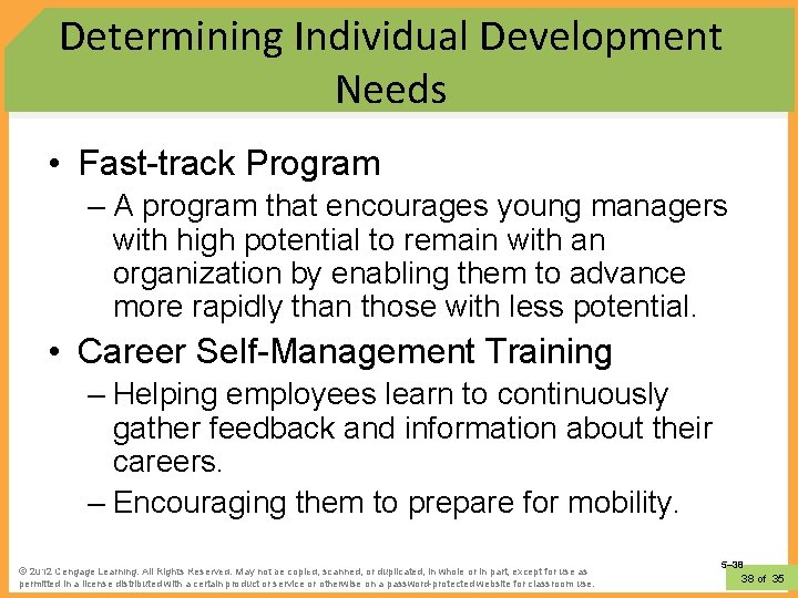 Determining Individual Development Needs • Fast-track Program – A program that encourages young managers