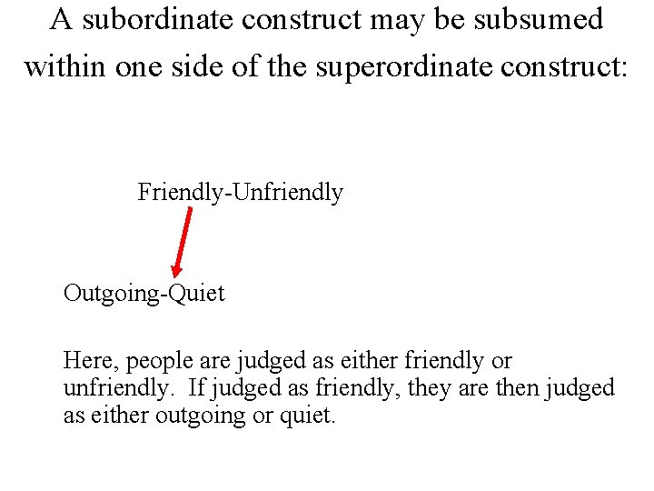 A subordinate construct may be subsumed within one side of the superordinate construct: Friendly-Unfriendly