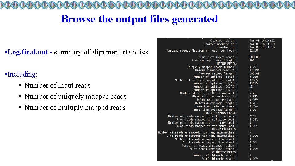 Browse the output files generated • Log. final. out - summary of alignment statistics