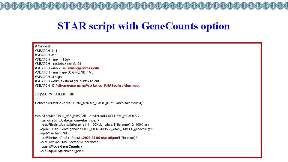 STAR script with Gene. Counts option #!/bin/bash #SBATCH -N 1 #SBATCH -n 1 #SBATCH