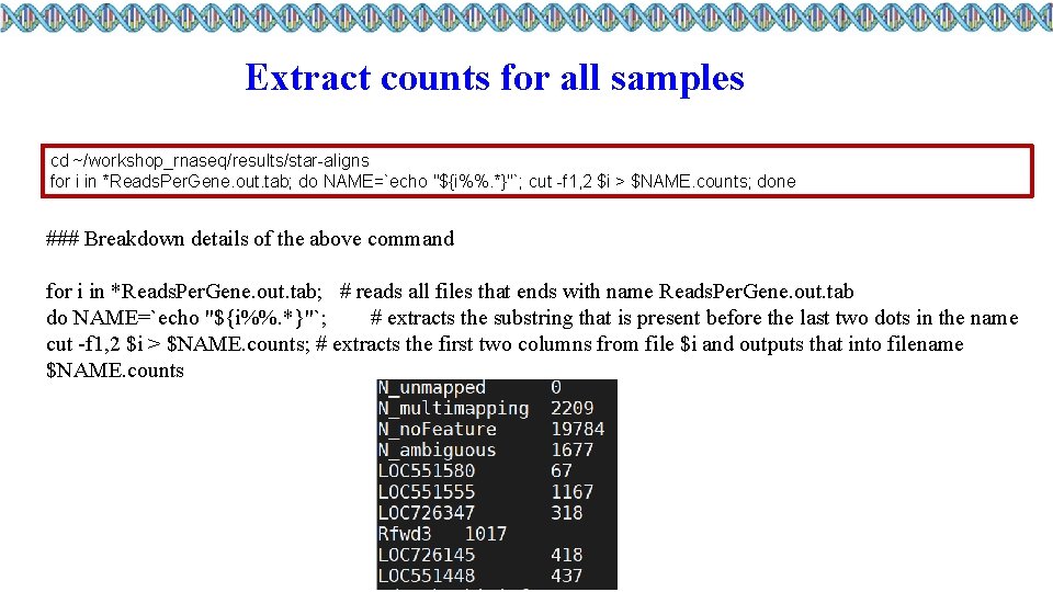 Extract counts for all samples cd ~/workshop_rnaseq/results/star-aligns for i in *Reads. Per. Gene. out.