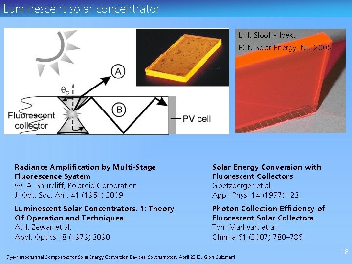 Luminescent solar concentrator L. H. Slooff-Hoek, ECN Solar Energy, NL, 2005 Radiance Amplification by