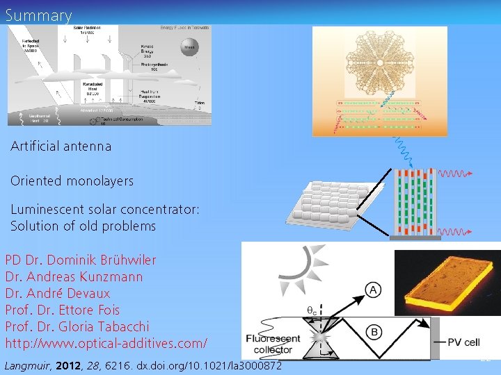 Summary Artificial antenna Oriented monolayers Luminescent solar concentrator: Solution of old problems PD Dr.