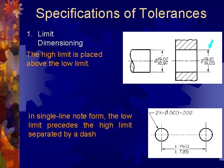 Specifications of Tolerances 1. Limit Dimensioning The high limit is placed above the low