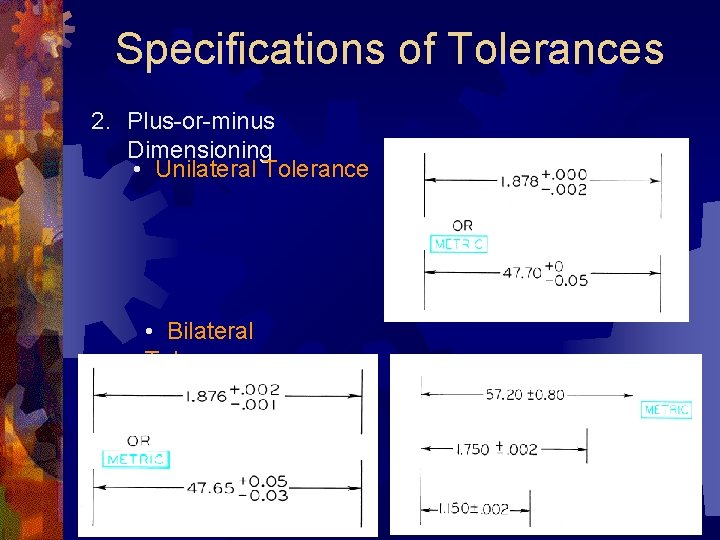 Specifications of Tolerances 2. Plus-or-minus Dimensioning • Unilateral Tolerance • Bilateral Tolerance 