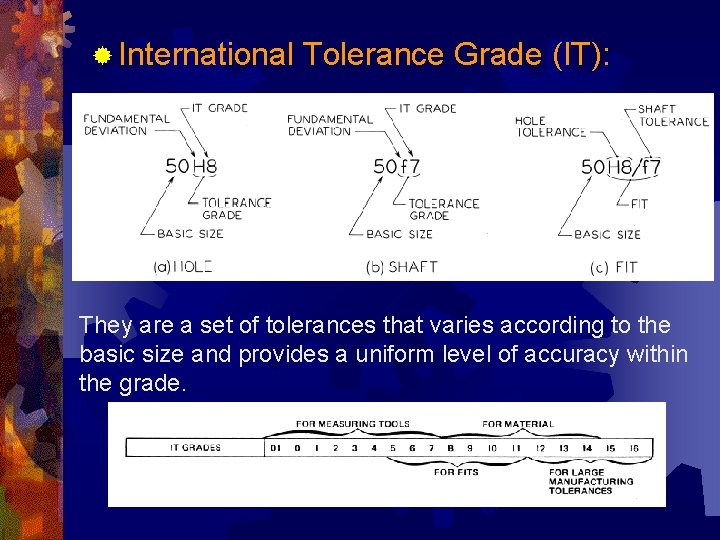 ® International Tolerance Grade (IT): They are a set of tolerances that varies according