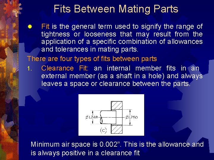 Fits Between Mating Parts Fit is the general term used to signify the range