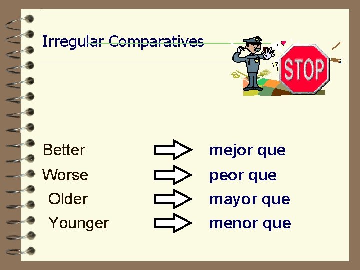 Irregular Comparatives Better mejor que Worse Older peor que mayor que Younger menor que