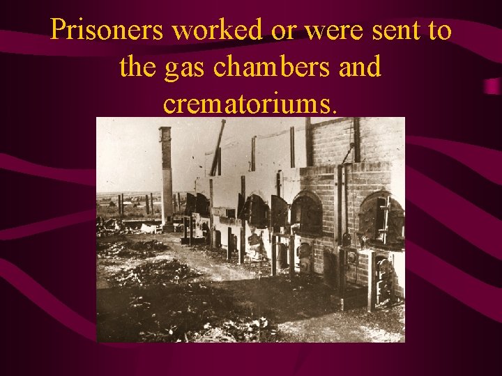 Prisoners worked or were sent to the gas chambers and crematoriums. 