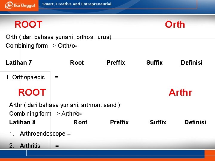 ROOT Orth ( dari bahasa yunani, orthos: lurus) Combining form > Orth/o. Latihan 7