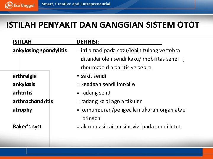 ISTILAH PENYAKIT DAN GANGGIAN SISTEM OTOT ISTILAH ankylosing spondylitis arthralgia ankylosis arhtritis arthrochondritis atrophy