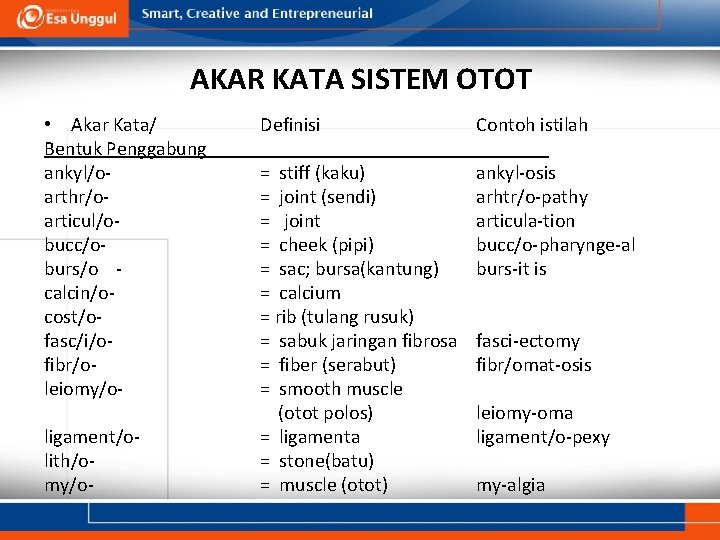 AKAR KATA SISTEM OTOT • Akar Kata/ Bentuk Penggabung ankyl/oarthr/oarticul/obucc/oburs/o calcin/ocost/ofasc/i/ofibr/oleiomy/oligament/olith/omy/o- Definisi Contoh istilah