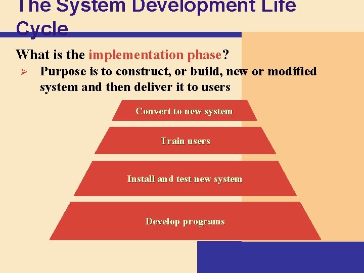 The System Development Life Cycle What is the implementation phase? Ø Purpose is to