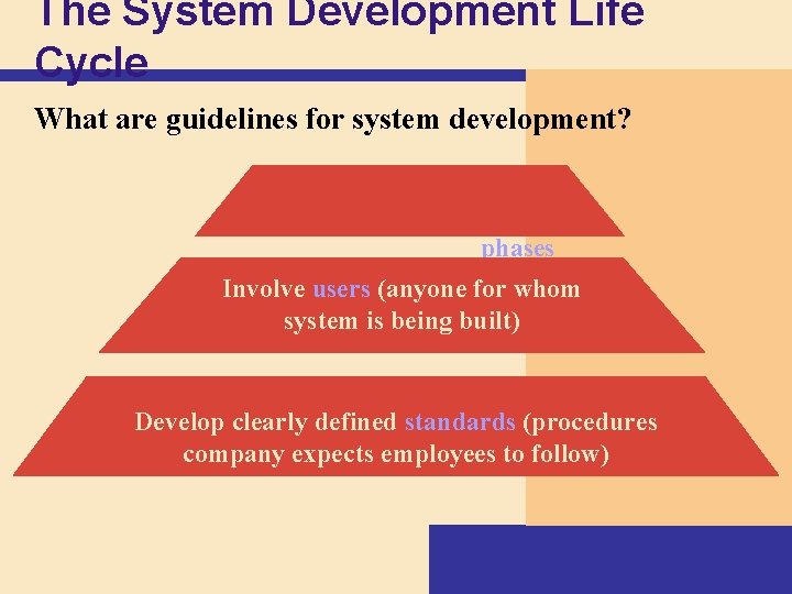 The System Development Life Cycle What are guidelines for system development? Arrange tasks into