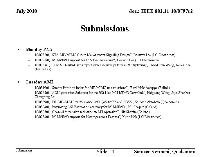 July 2010 doc. : IEEE 802. 11 -10/0797 r 2 Submissions • Monday PM