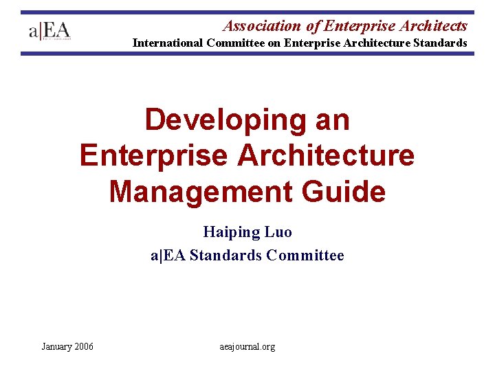Association of Enterprise Architects International Committee on Enterprise Architecture Standards Developing an Enterprise Architecture