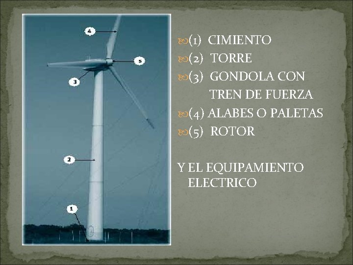  (1) CIMIENTO (2) TORRE (3) GONDOLA CON TREN DE FUERZA (4) ALABES O