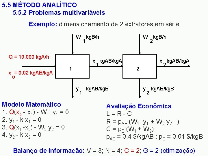 5. 5 MÉTODO ANALÍTICO 5. 5. 2 Problemas multivariáveis Exemplo: dimensionamento de 2 extratores